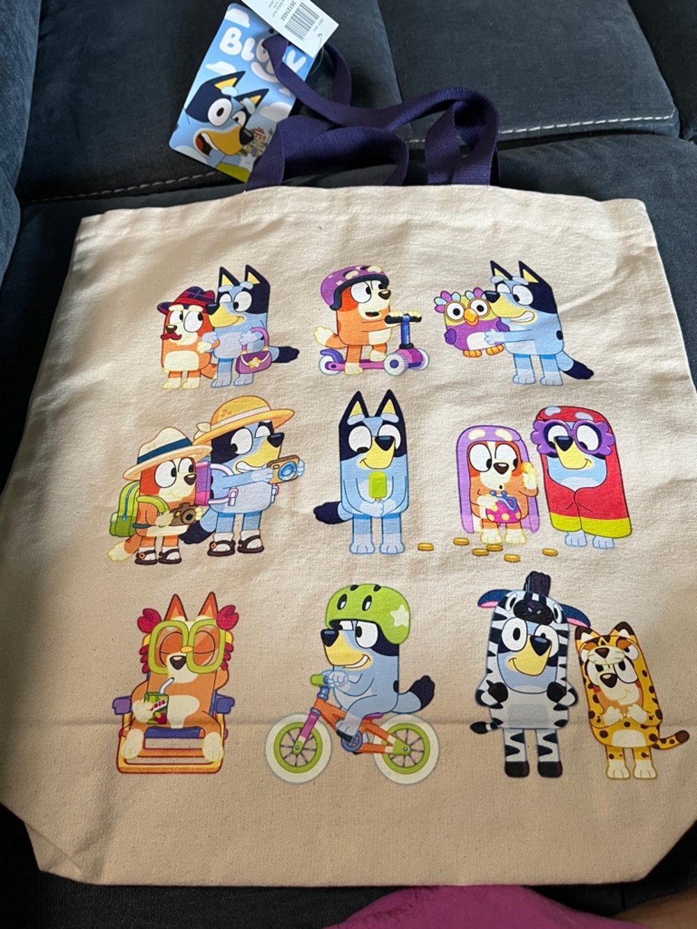 Bluey Canvas Tote Bag in Cream with Purple Handles